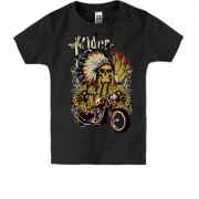 Детская футболка со скелетом-индейцем и мотоциклом