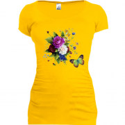 Подовжена футболка з красивим букетом і метеликом