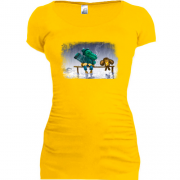 Подовжена футболка із зображенням Чебурашки і Гени на лавочці