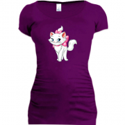 Подовжена футболка з кішечкою в рожевому бантику