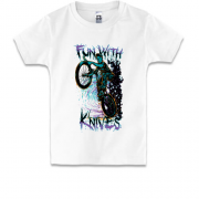 Детская футболка со скелетом на байке "fun with knives"