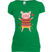 Подовжена футболка зі свинкою в новорічному светрі