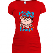 Подовжена футболка з написом "Краща мама в світі" і свинками