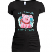 Подовжена футболка з написом "Щасливого Нового року" і свинкою