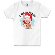 Детская футболка с надписью "с Новым Годом" и свинкой в колпаке