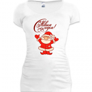 Подовжена футболка з написом "З Новим Роком" і Дідом Морозом