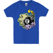 Детская футболка с бильярдным шаром, картами и кубиками