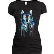 Подовжена футболка з акварельним малюнком вовка