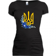 Подовжена футболка з гербом України в квітах